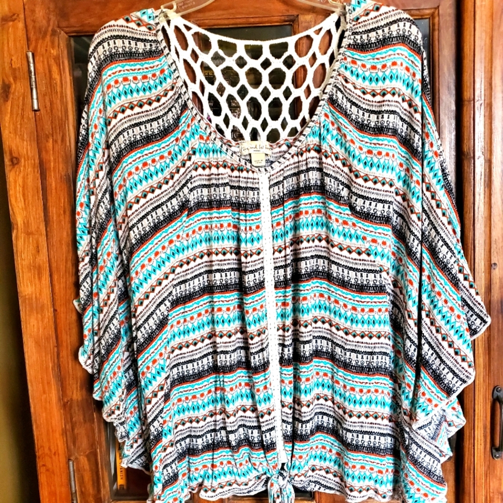 Boho batwing sleeve crochet back tie blouse
